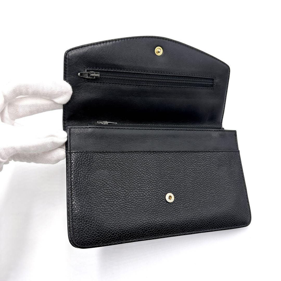 【美品】CHANEL シャネル ココマーク キャビアスキン 折り財布 ゴールド