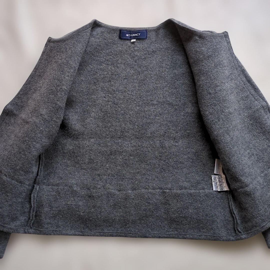 M'S GRACY グレー ウール ノーカラージャケットフリル コサージュ 9号