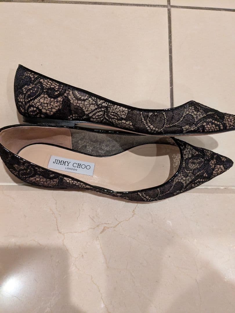 JIMMY CHOO ブラック レース フラットシューズ 38H