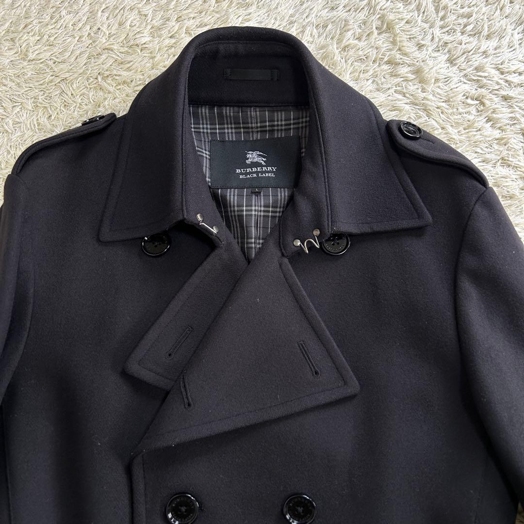 【美品 カシミヤ混】 バーバリーブラックレーベル Pコート ノバチェック 黒 L