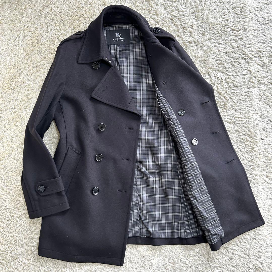 【美品 カシミヤ混】 バーバリーブラックレーベル Pコート ノバチェック 黒 L