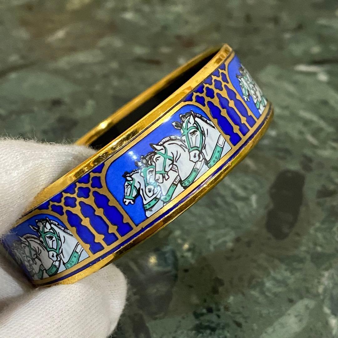 HERMES エマイユGM バングル 四頭馬 七宝焼 ゴールド×ブルー