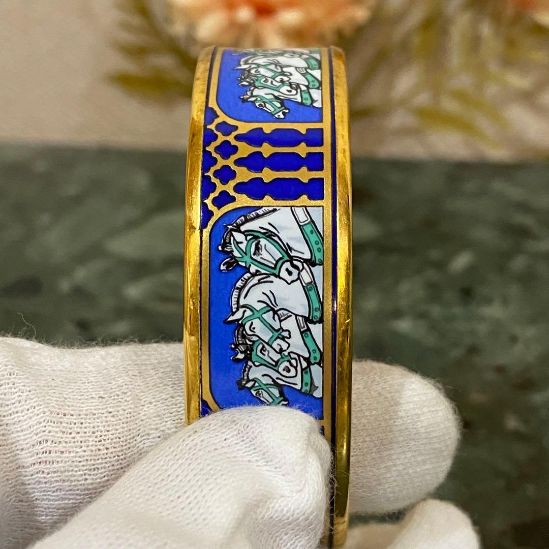 HERMES エマイユGM バングル 四頭馬 七宝焼 ゴールド×ブルー