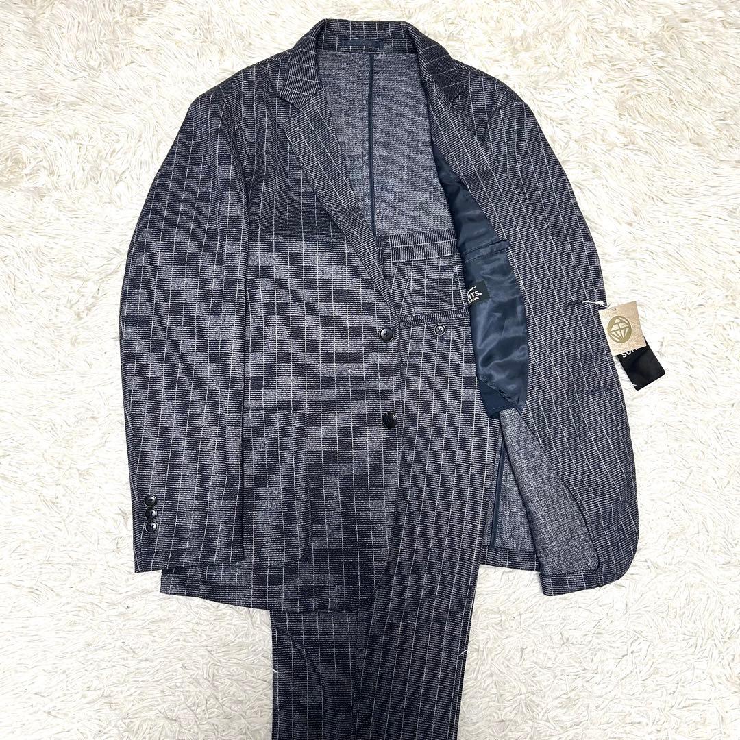 未使用タグ付【金のパジャマスーツ】プレミアムウールセットアップ 紺ストライプBM