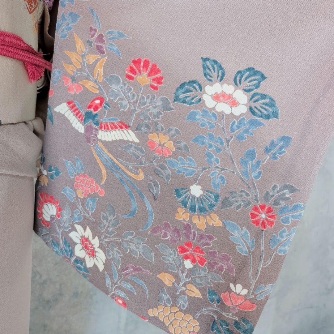 訪問着　フルセット　着物　正絹　花　鳥　カラフル　トールサイズ　おしゃれ　F4