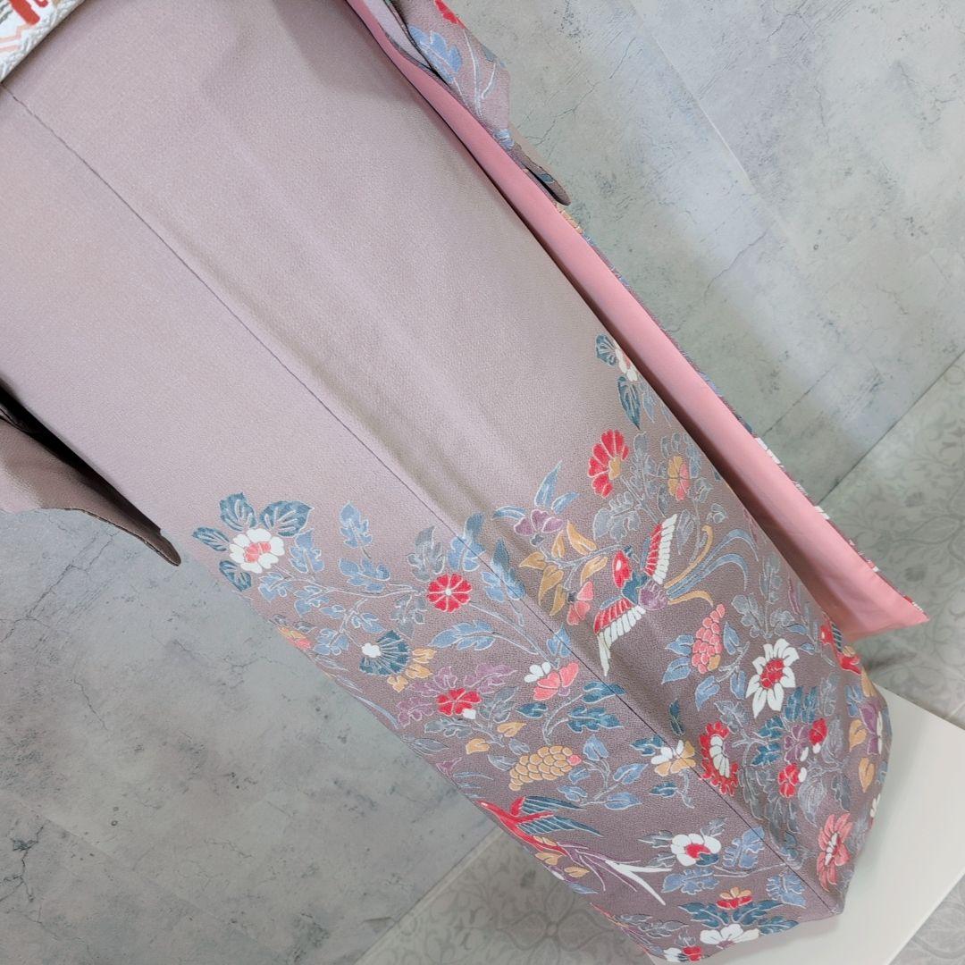 訪問着　フルセット　着物　正絹　花　鳥　カラフル　トールサイズ　おしゃれ　F4