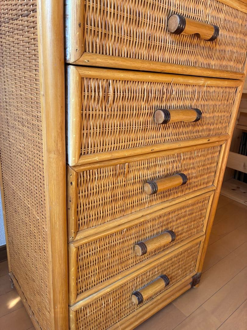 ラタン製 4段チェスト ハンドル付き