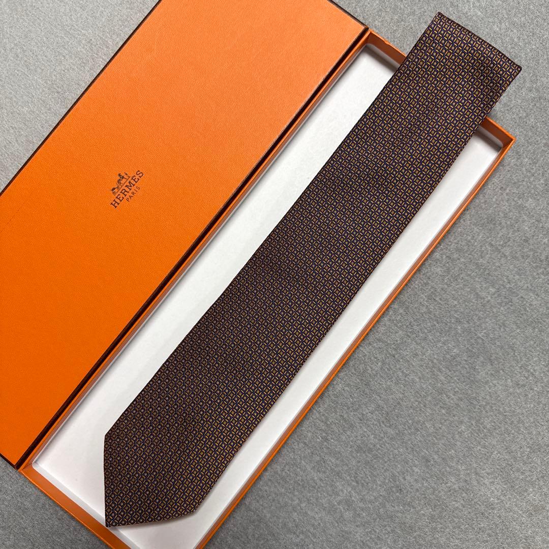 美品　エルメス　ネクタイ　紺・オレンジ　ドット　シルクジャガード