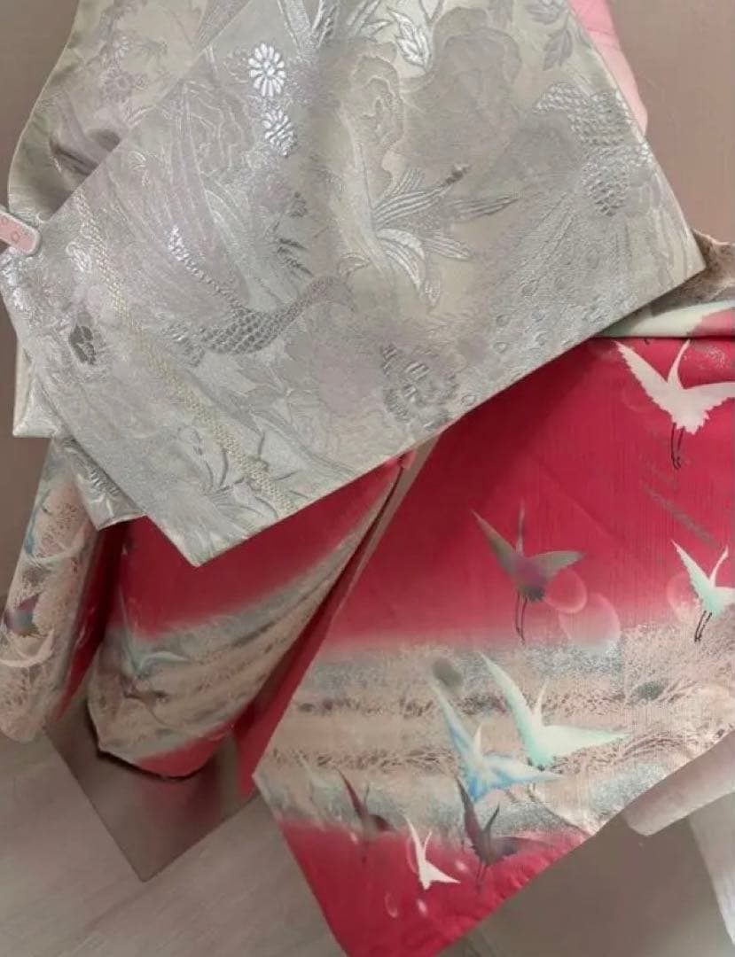 豪華振袖フルセット　ユニコーン　ピンクとシルバー 鶴　成人式に