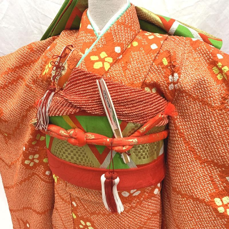 408ag62■七五三 七歳 女児 総絞り 着物&袋帯&長襦袢 小花文■美品