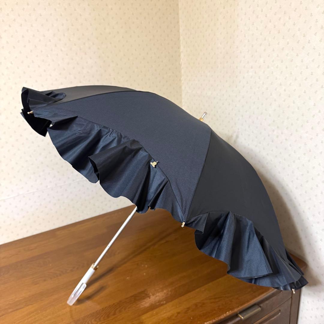新品★ランバンオンブルー　晴雨兼用　日傘　フリル　１級遮光　遮熱　スライド式　黒