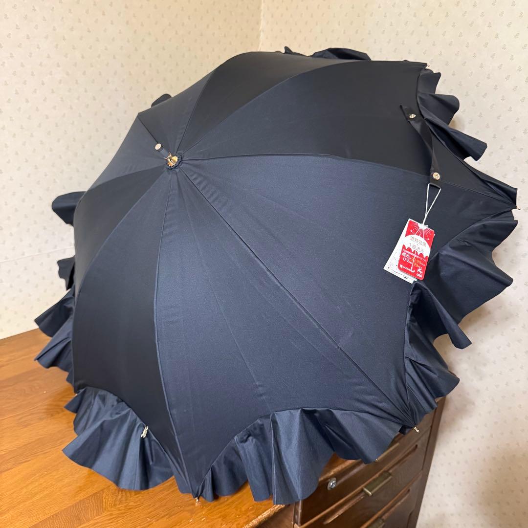 新品★ランバンオンブルー　晴雨兼用　日傘　フリル　１級遮光　遮熱　スライド式　黒