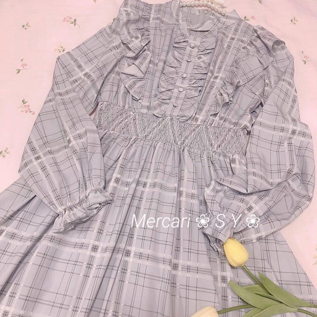 ❤︎4点セット❤︎ evelyn オリジナルチェックワンピース、水色界隈、量産型♩