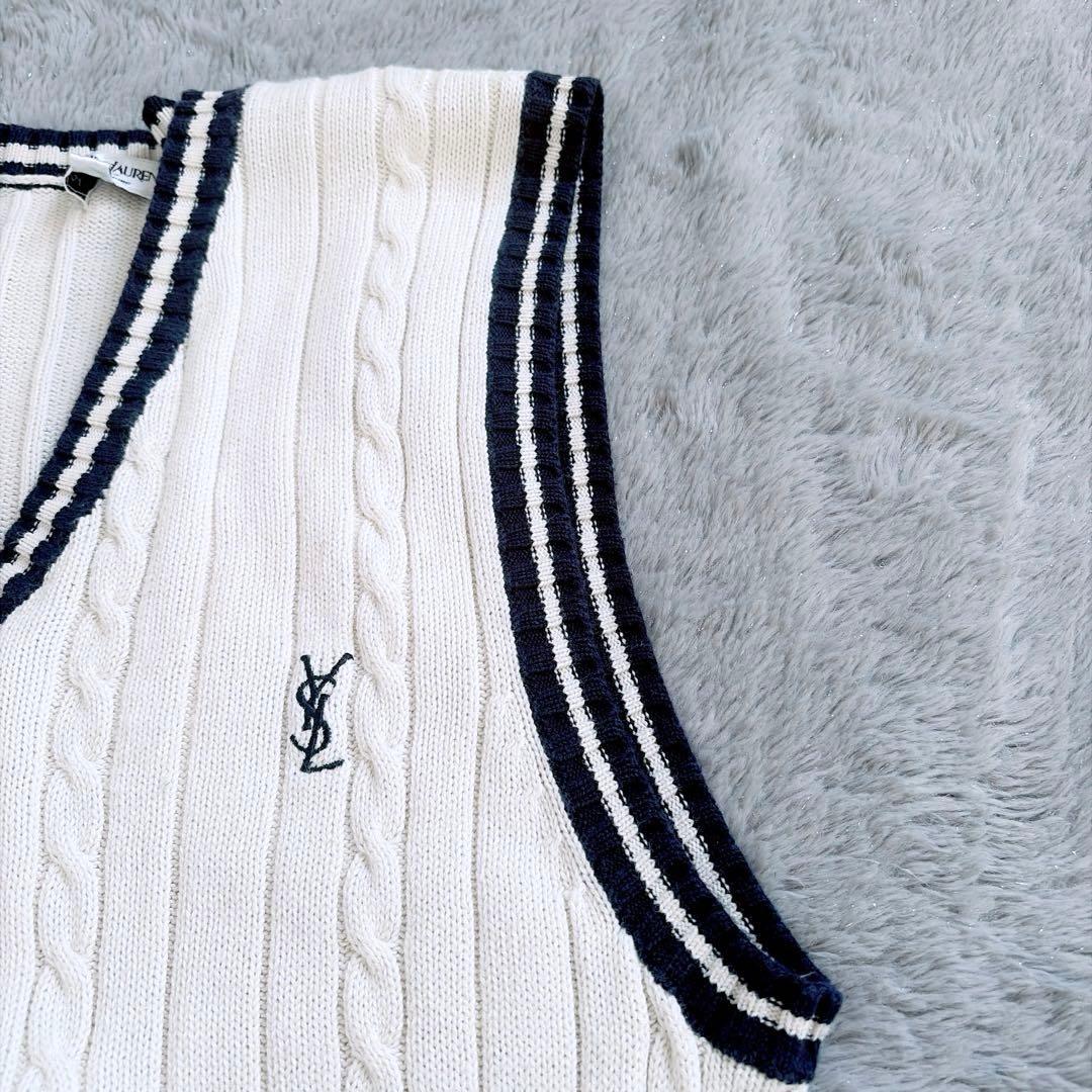 【イヴサンローラン】美品✨洗える ケーブルニット ベスト ロゴ刺繍入り