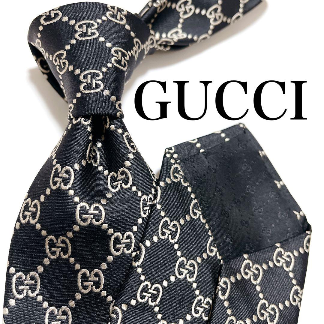 美品 グッチ ネクタイ ハイブランド GG柄 インターロッキング 光沢 希少 黒