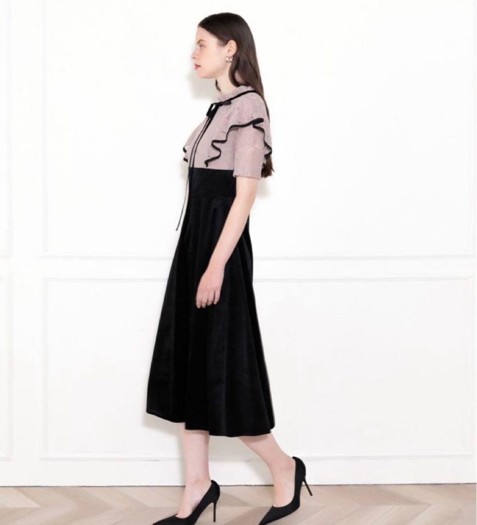 【LEJA】リボン付き配色ベロアレース結婚式ハイウエストワンピース