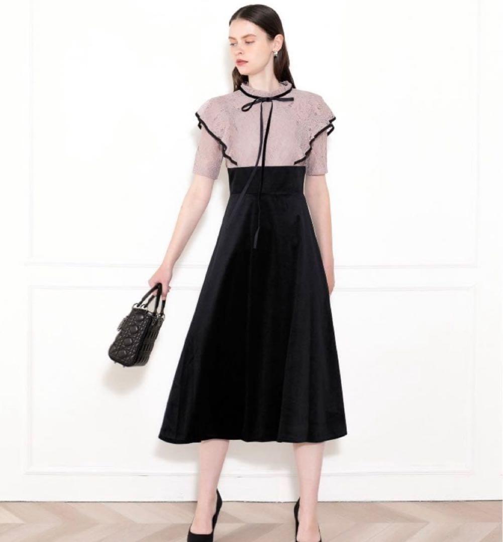 【LEJA】リボン付き配色ベロアレース結婚式ハイウエストワンピース