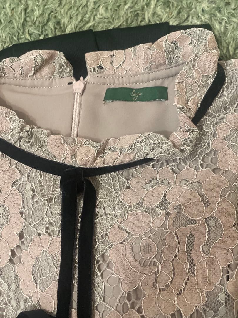 【LEJA】リボン付き配色ベロアレース結婚式ハイウエストワンピース