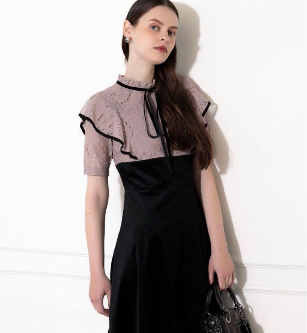 【LEJA】リボン付き配色ベロアレース結婚式ハイウエストワンピース