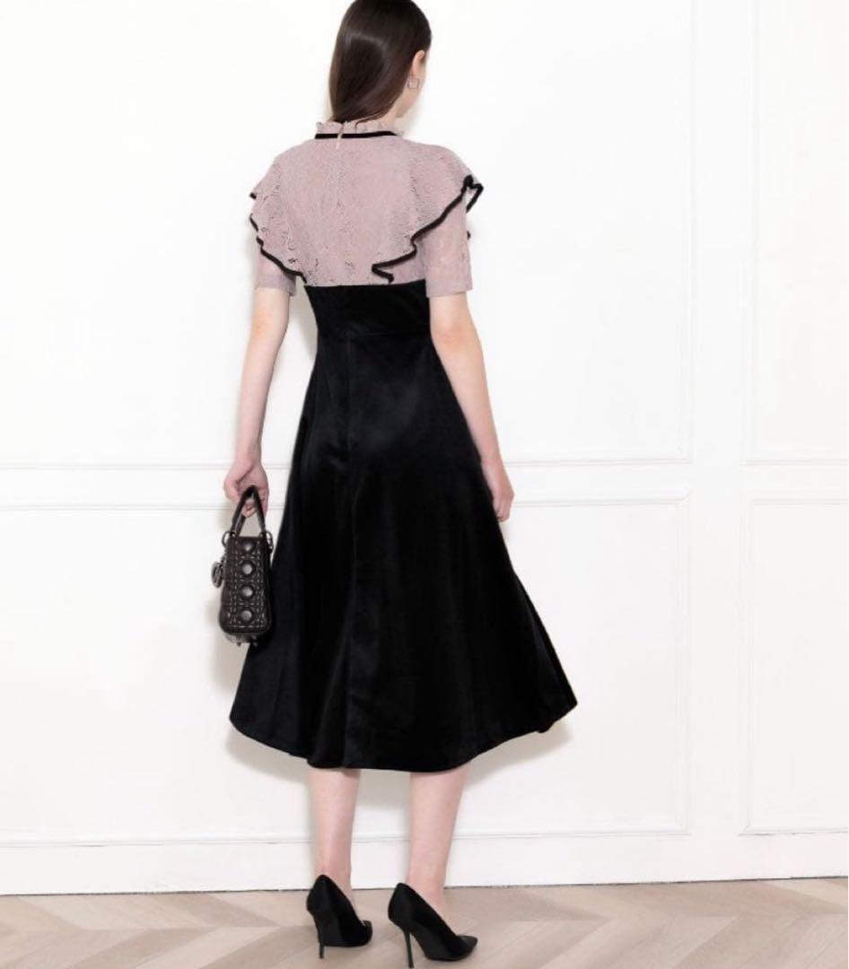 【LEJA】リボン付き配色ベロアレース結婚式ハイウエストワンピース