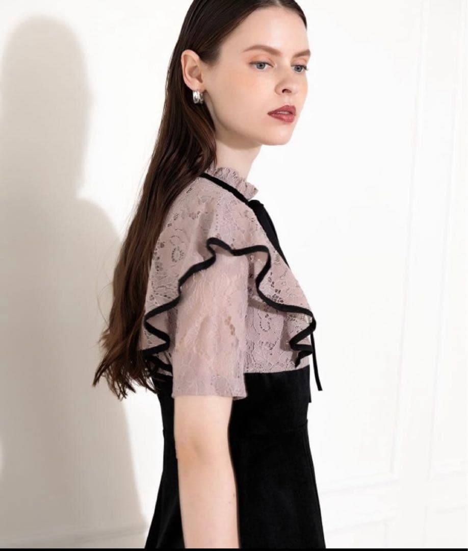 【LEJA】リボン付き配色ベロアレース結婚式ハイウエストワンピース