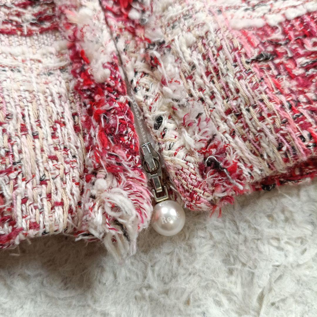 ルネ　マリアケント社製　ブローチ付 ツイードワンピース　ジルコニア パール 36