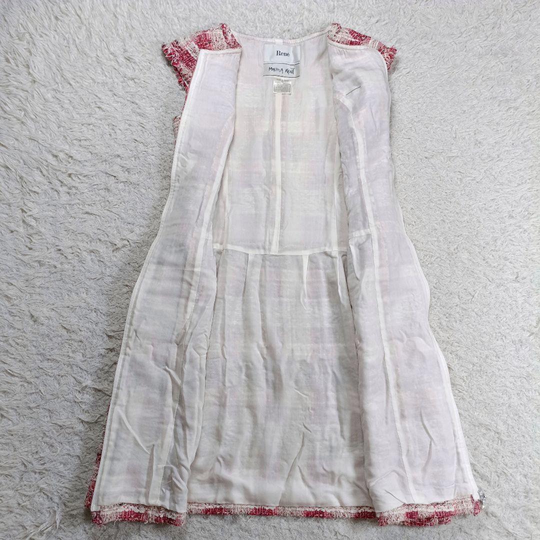 ルネ　マリアケント社製　ブローチ付 ツイードワンピース　ジルコニア パール 36