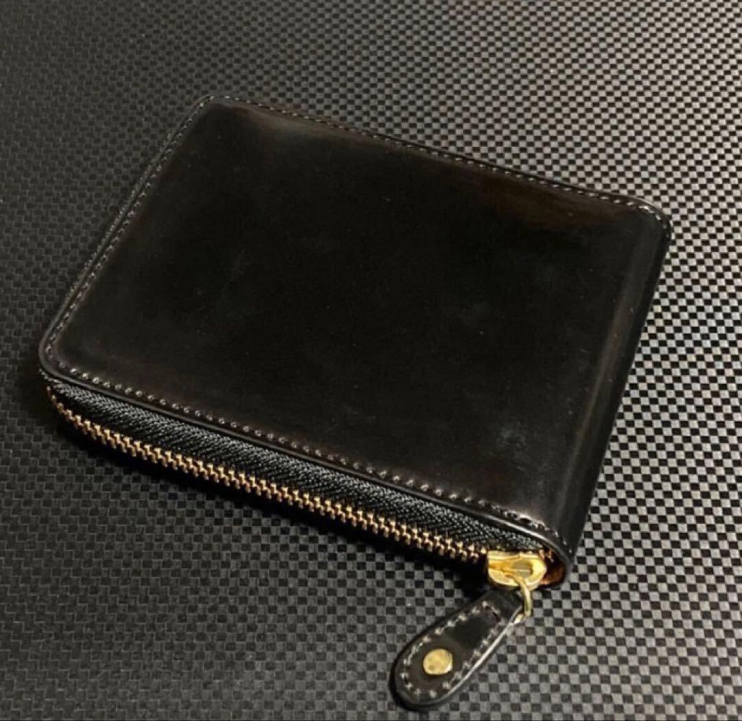 ロカド シェルコードバン 二つ折り 財布 ラウンドファスナー 馬革 ブラック