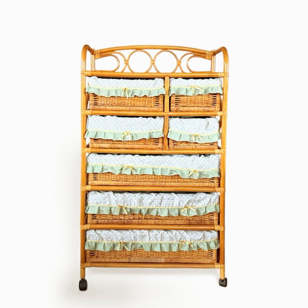 5段収納チェスト　キャスター付　天然素材　高さ約120cm　大型