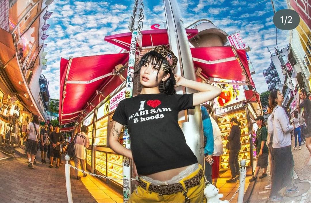 I LOVE WABI SABI B hoods Tシャツ ピチT ブラック