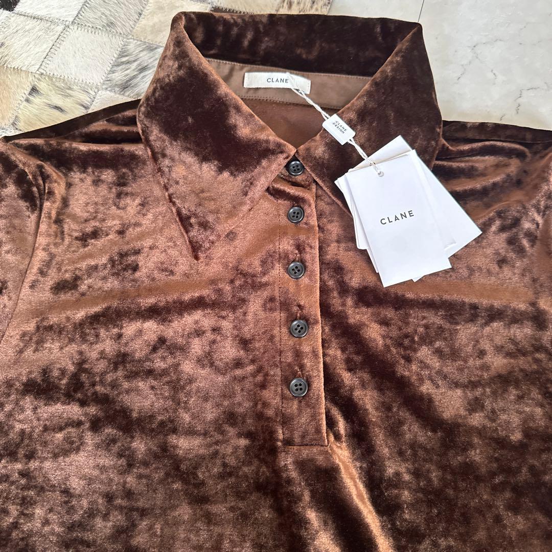 新品タグ付 店舗購入CLANE CRUSHED VELOUR POLO TOPS