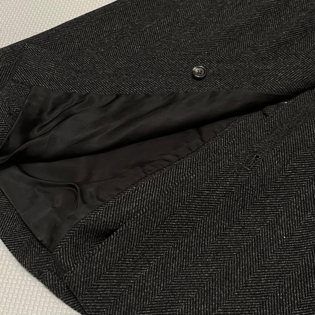 美品 麻布テーラー アンゴラ カシミヤ ヘリンボーン ウール コート 濃グレー