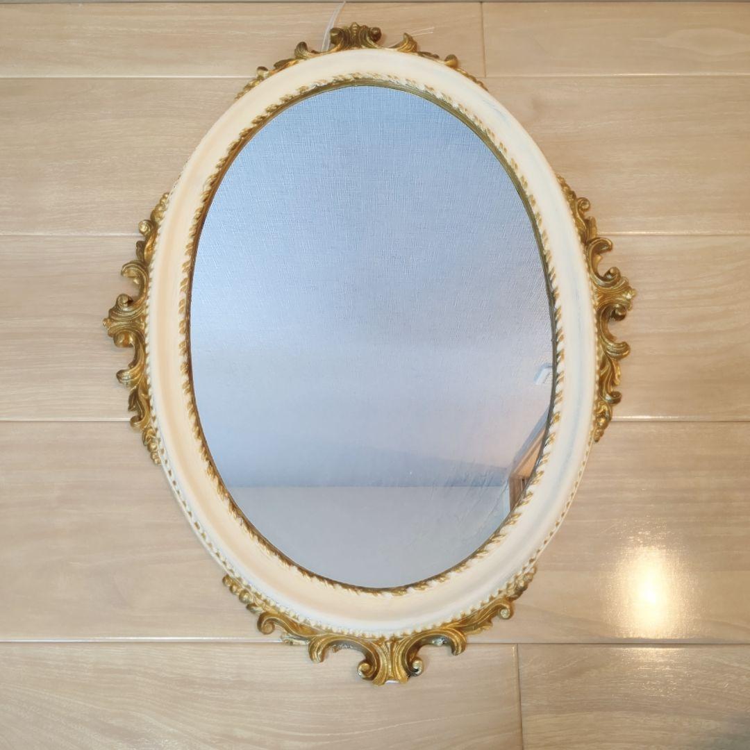 イタリア製　アンティーク 鏡　額縁 ブロカント調 オーバル型 ロココ調
