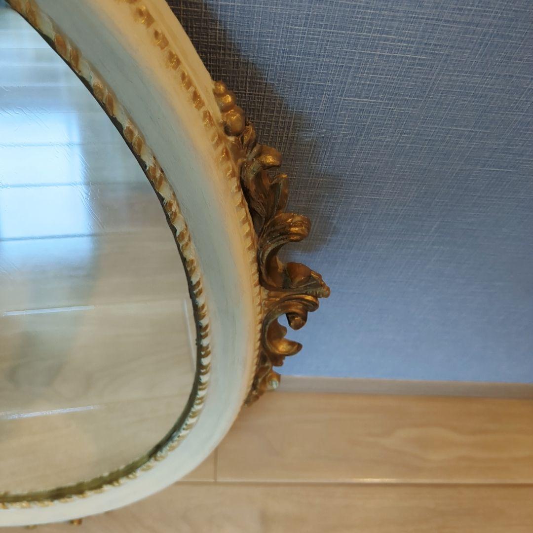 イタリア製　アンティーク 鏡　額縁 ブロカント調 オーバル型 ロココ調