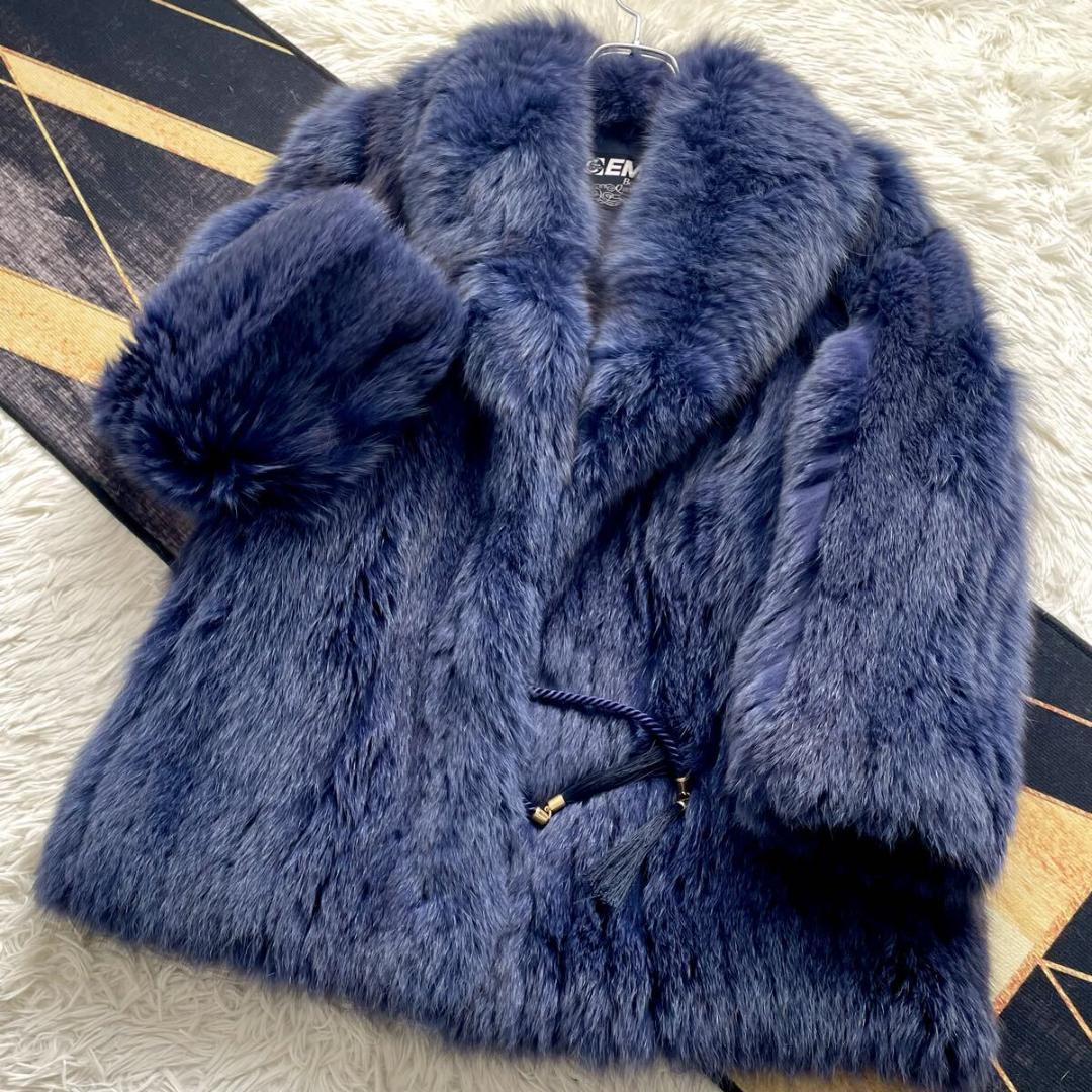 肉厚◎/総丈83 希少カラー ブルー フォックス ファーコート 毛皮 L エンバ
