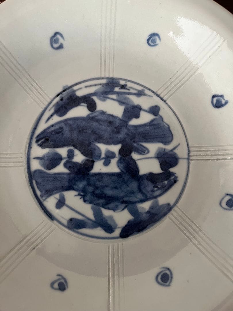 中尾万作　双魚　鎬　白地　染付　八寸皿　大皿　2枚　作家物