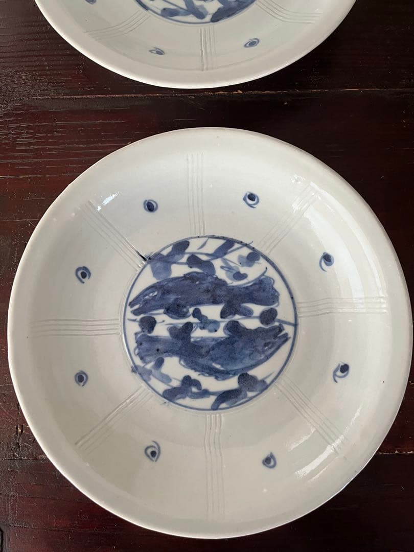 中尾万作　双魚　鎬　白地　染付　八寸皿　大皿　2枚　作家物