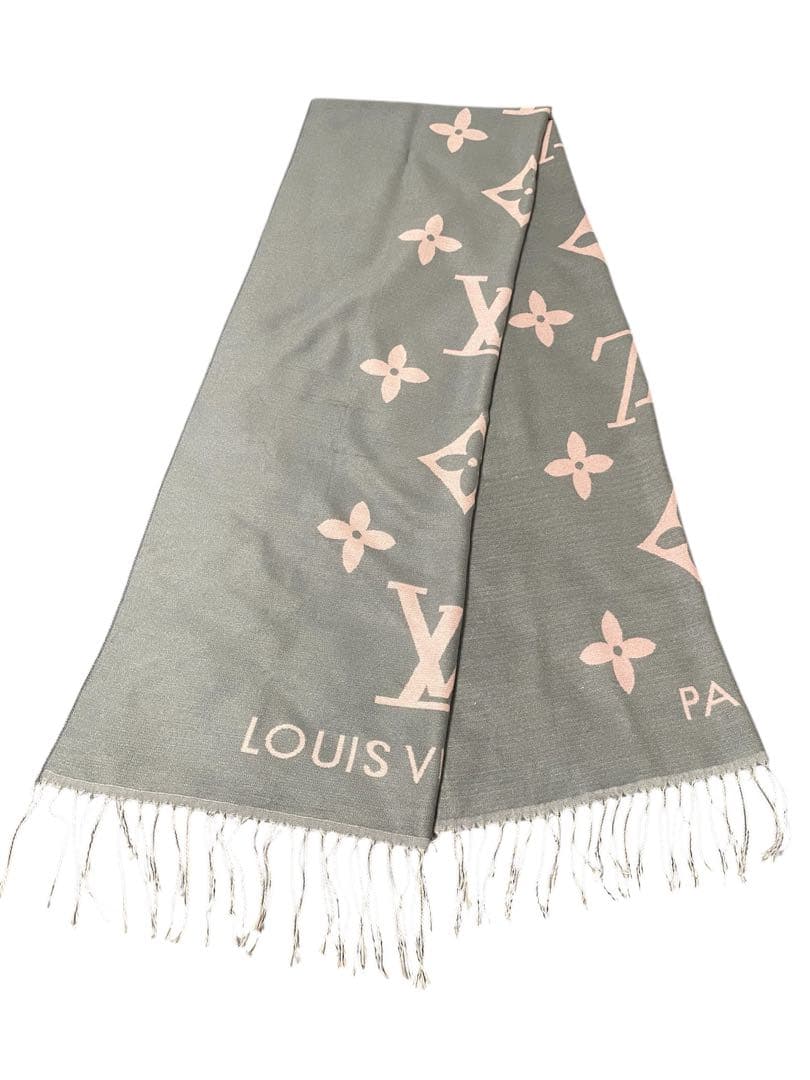 【美品】ルイヴィトン LV モノグラム グレー×ピンク 大判ショール マフラー