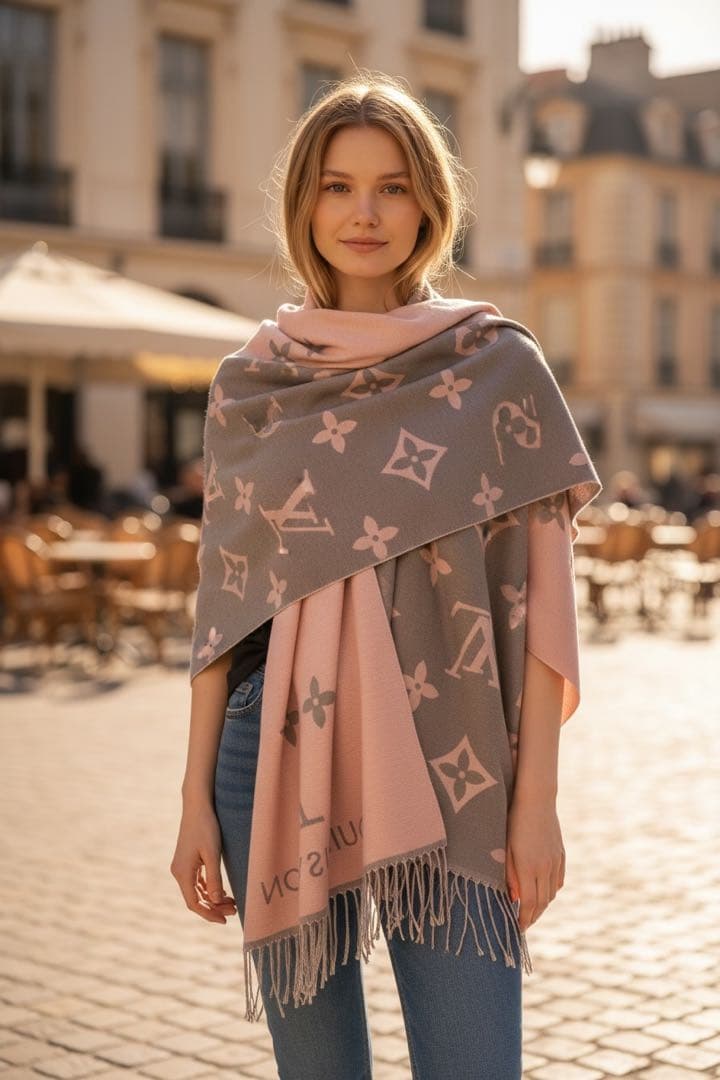 【美品】ルイヴィトン LV モノグラム グレー×ピンク 大判ショール マフラー