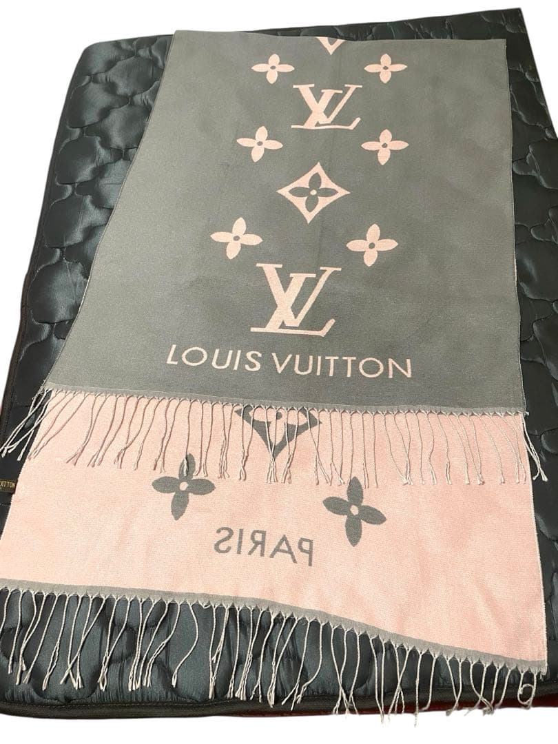 【美品】ルイヴィトン LV モノグラム グレー×ピンク 大判ショール マフラー