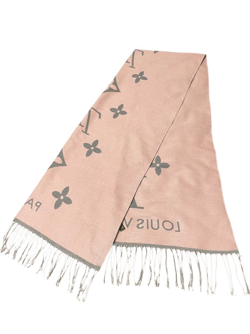 【美品】ルイヴィトン LV モノグラム グレー×ピンク 大判ショール マフラー