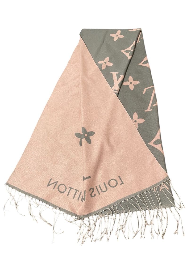 【美品】ルイヴィトン LV モノグラム グレー×ピンク 大判ショール マフラー