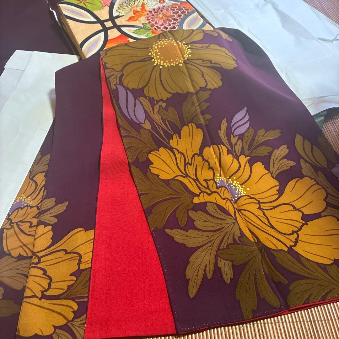 のあたん様 アンティーク風モダン　紫に牡丹の花　振袖　長襦袢付き