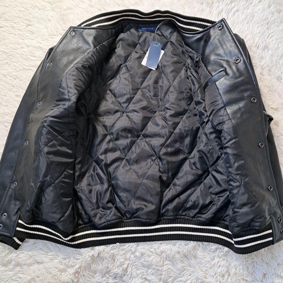【新品タグ付】NAUTICA レザージャケット アーチロゴ アワード M 黒