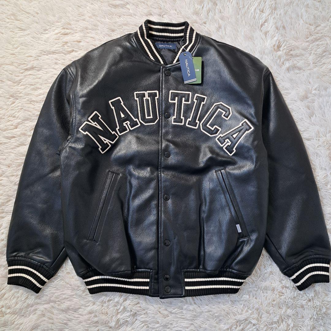 【新品タグ付】NAUTICA レザージャケット アーチロゴ アワード M 黒