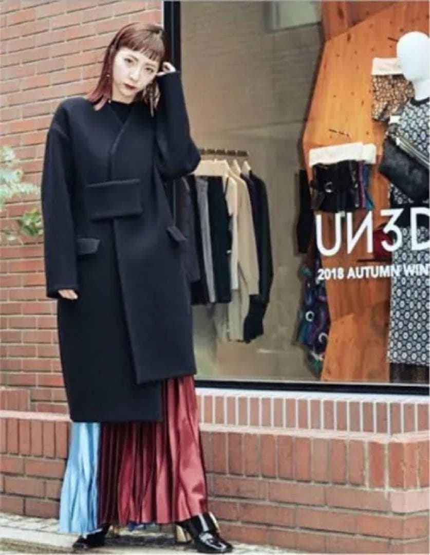 完売品 アンスリード アシンメトリーブロッキングコート 紫 ウール 36