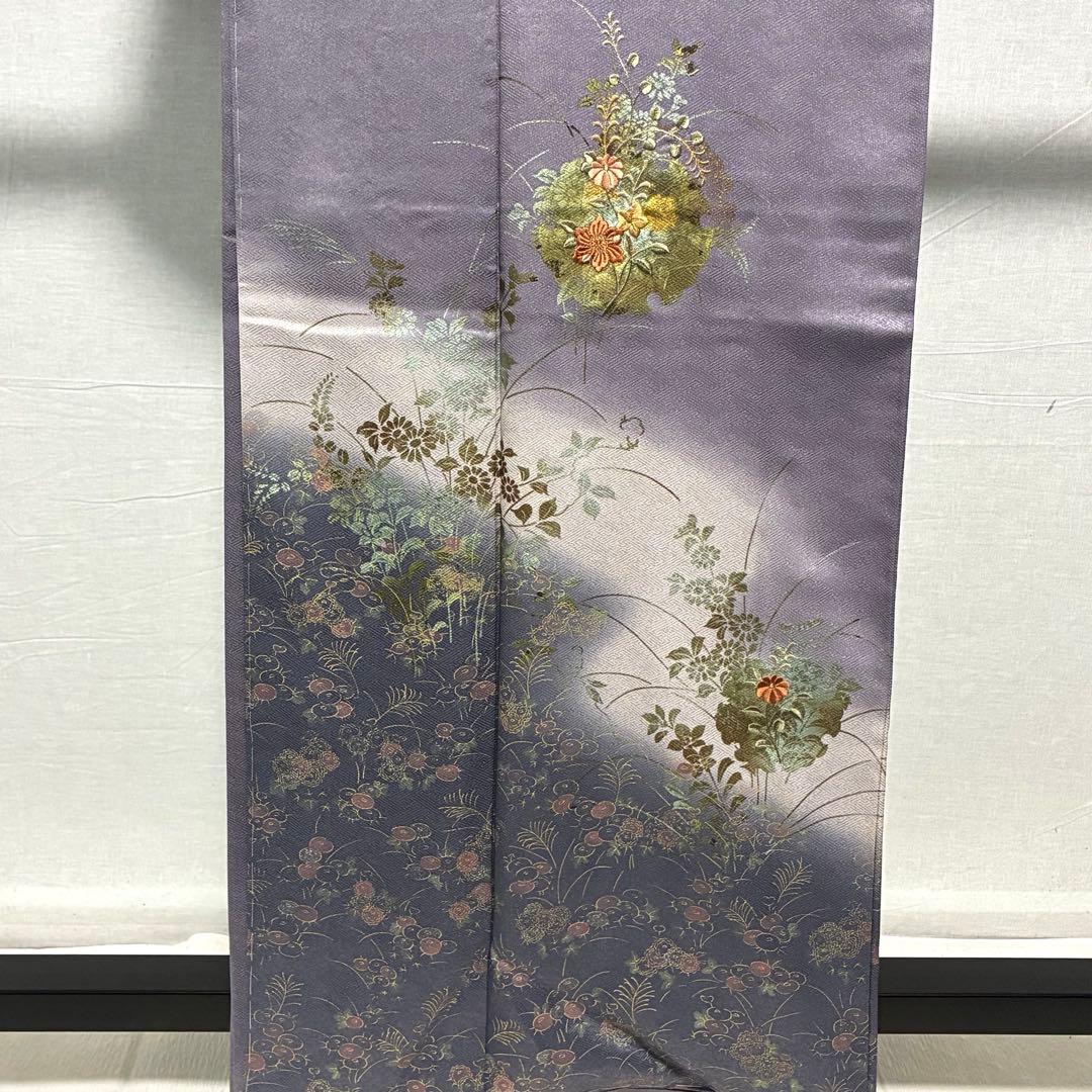 D87 訪問着 花刺繍 雪輪 金彩 正絹 着物 袷 しつけ糸付き未使用極美品