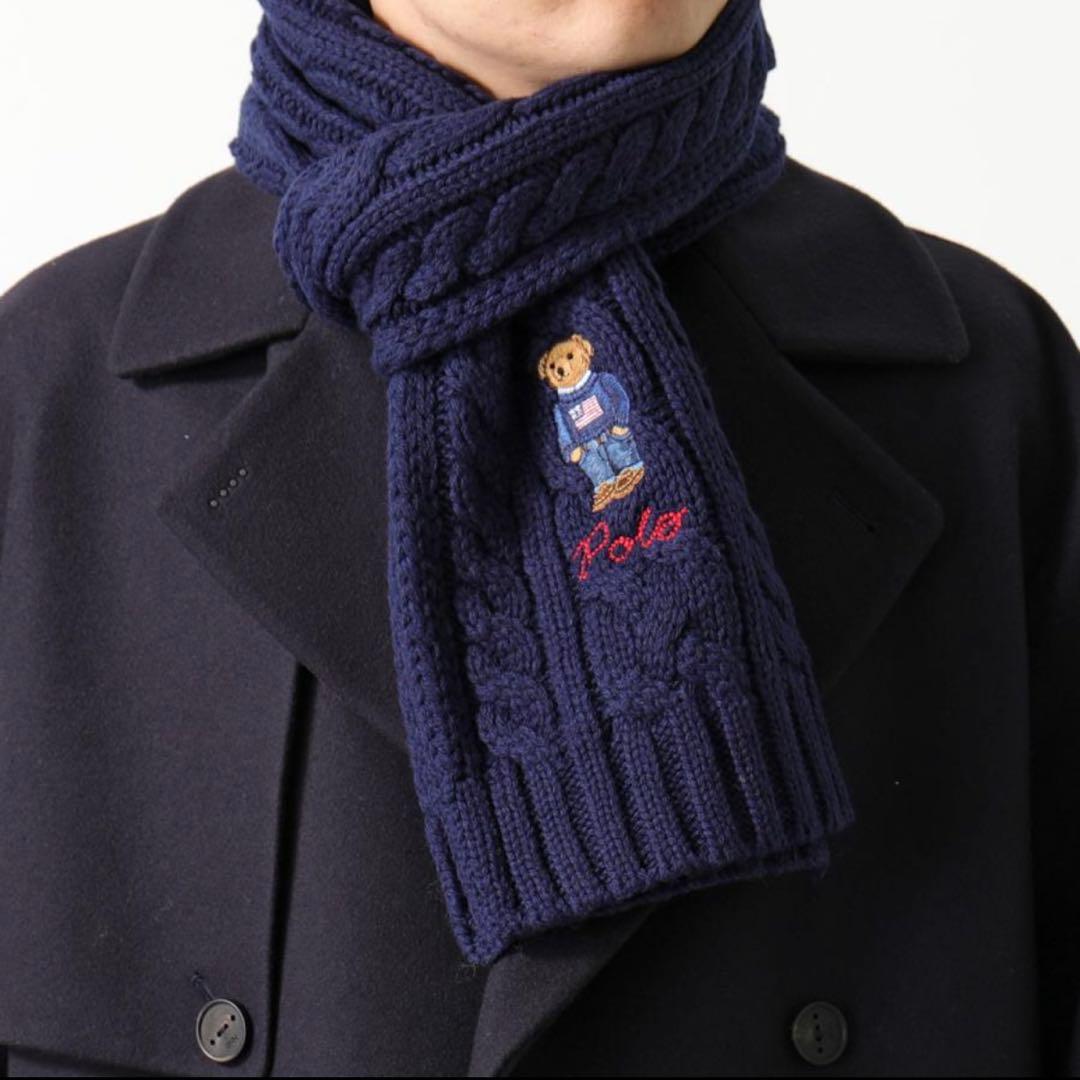 【新品タグ付】ラルフローレン ケーブルニットマフラー ベア柄
