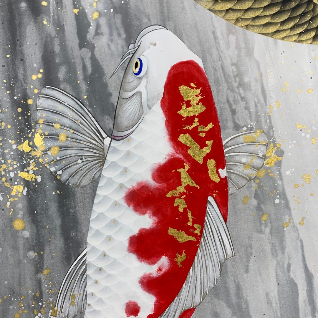 美品 掛け軸 広森耕仁作 夫婦鯉の滝登り図 共箱 太巻き付 美術年鑑掲載作家