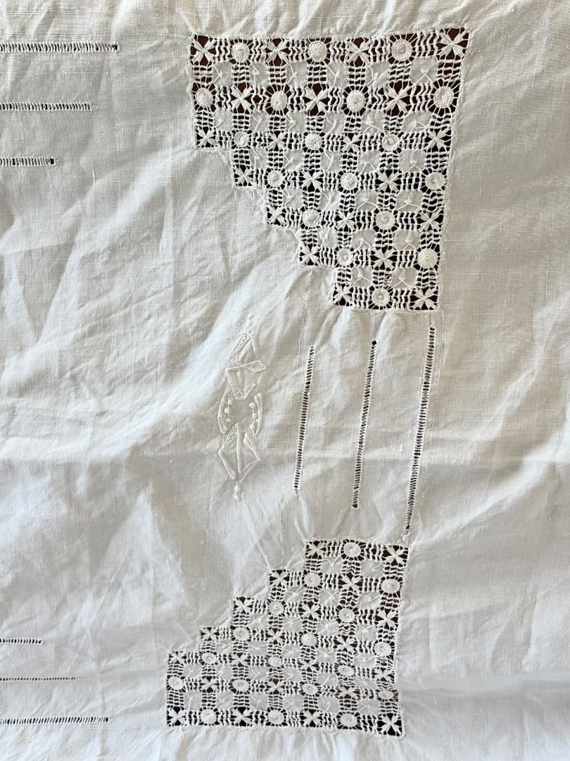 フランスアンティーク　特大　テーブルクロス　リネン　シーツ　ドロンワーク　刺繍